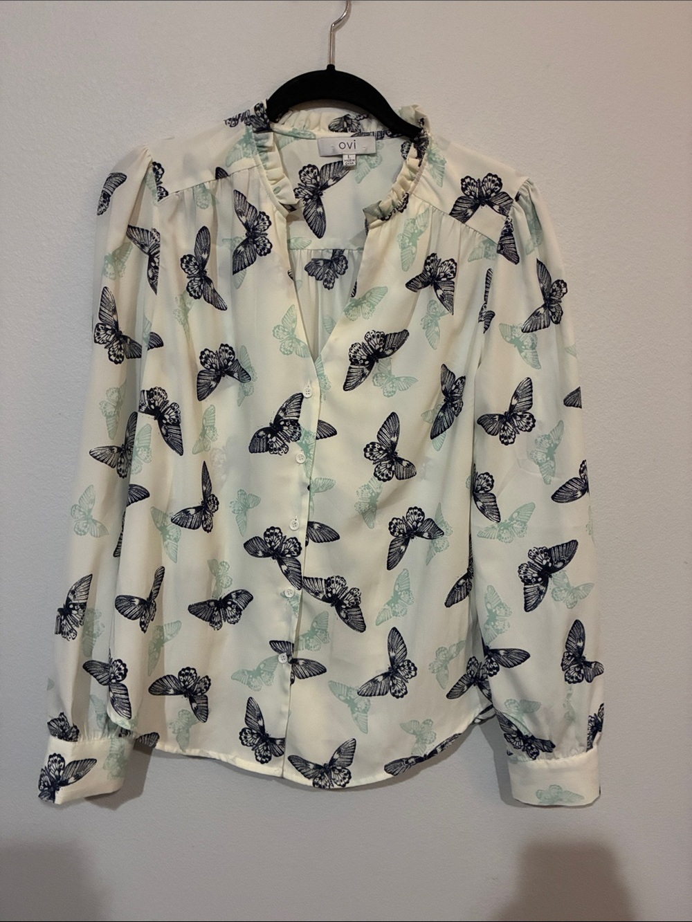 Ovi Cream Blouse with Black and Mint Butterfly Print